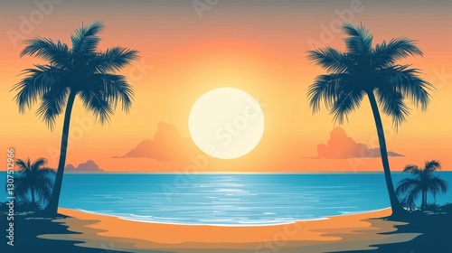 Summer sunset over tranquil beach tropical paradise digital serene atmosphere panoramic view relaxation concept
