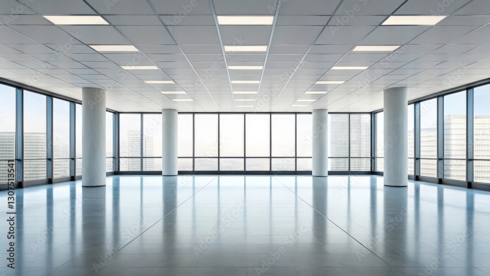 an empty modern office space, illuminated by bright lights and expansive windows an empty modern office space, illuminated by bright lights and expansive windows