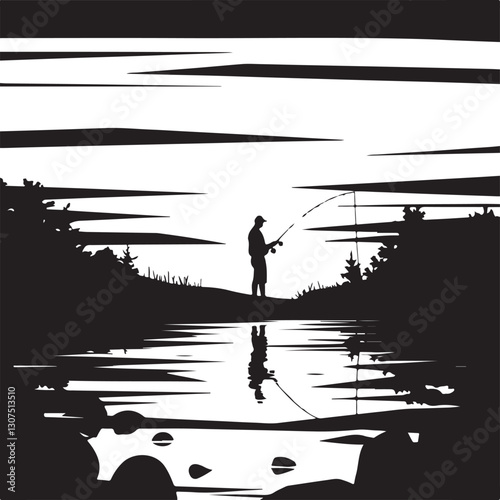 Silhouette of a Man Fishing by a River at Sunset with Water Reflection Nature Vector Scene for Outdoor Adventure 