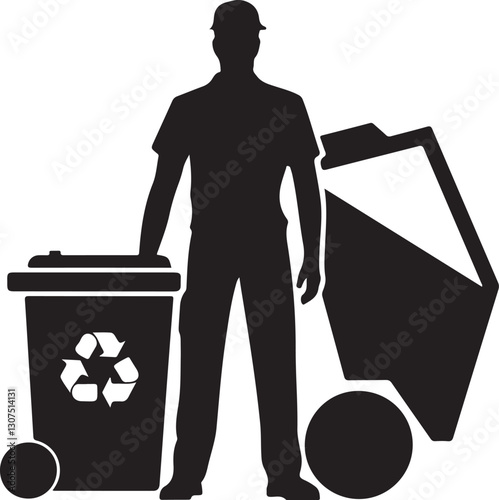 Silhouette of recycling worker with garbage bin and recycling container, black and white vector illustration for sanitation and waste services