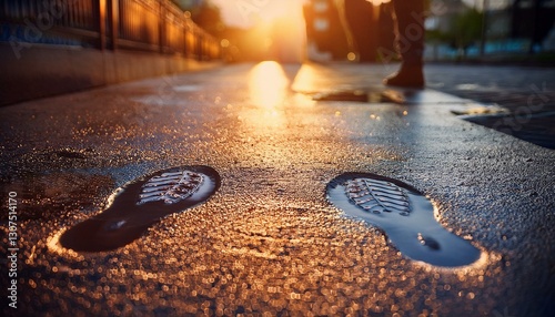 A pair of shoes leaving wet footprints on a sidewalk