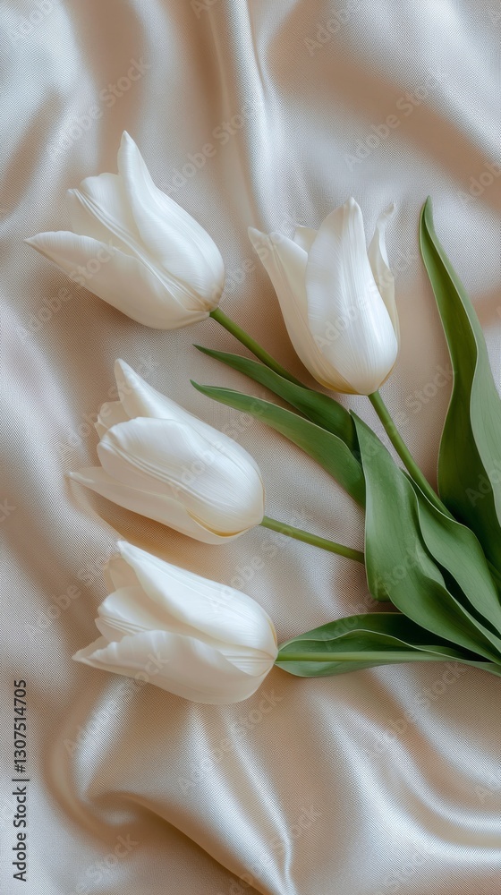 Fototapeta premium White tulip flowers on beige silk in a fresh and elegant style. White tulips with delicate petals on light-colored silk.