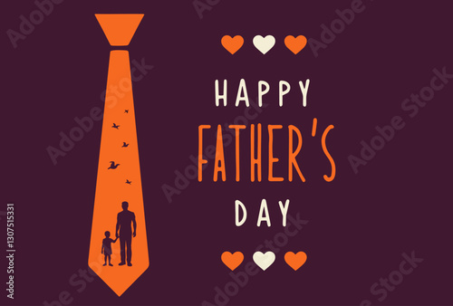 Father’s Day greeting card with a large orange tie, father and child silhouette, and heart decorations on a dark background.
