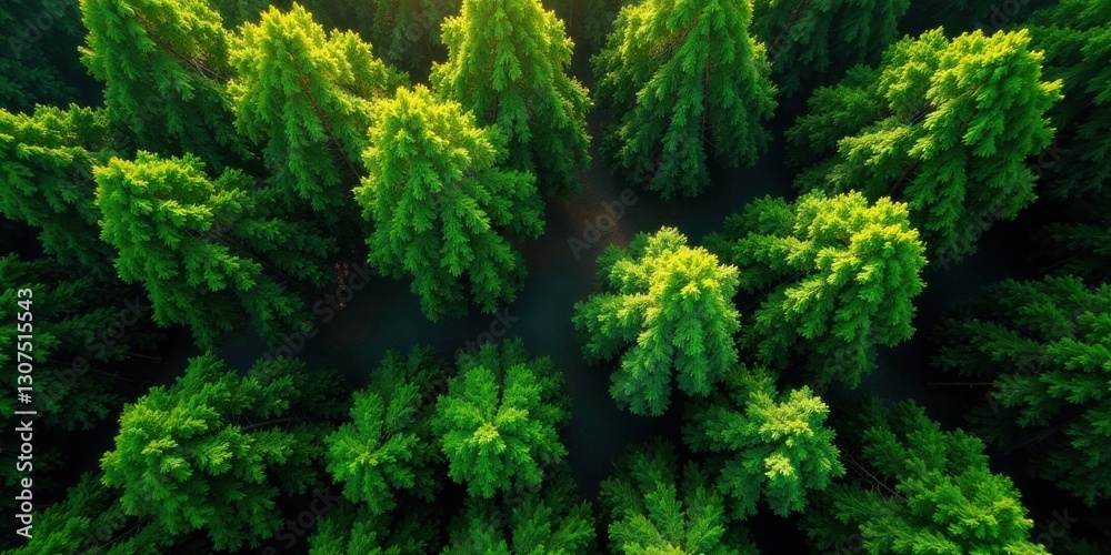 Aerial View of Lush Evergreen Forest Canopy Showing Vibrant Green Foliage in Sunlight Aerial View of Lush Evergreen Forest Canopy Showing Vibrant Green Foliage in Sunlight