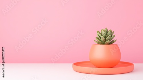 Wallpaper Mural Small succulent in a coral pot on a white surface against a pink background. Minimalist and simple, the image evokes a sense of calm and serenity. Torontodigital.ca