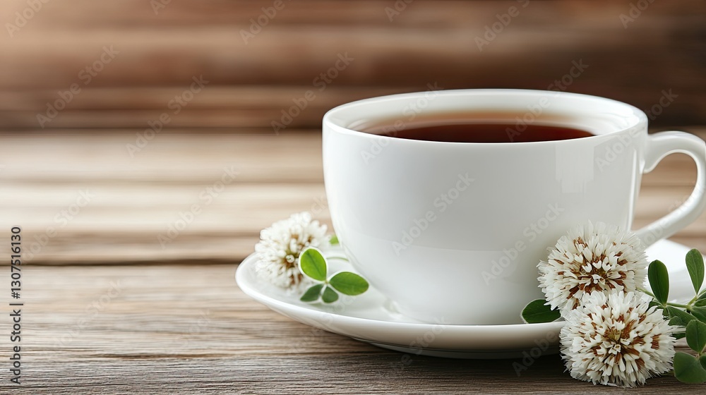 Closeup of herbal tea with clover floating on top, placed on wooden surface, highlighting a traditional Indian drink for wellness Closeup of herbal tea with clover floating on top, placed on wooden surface, highlighting a traditional Indian drink for wellness