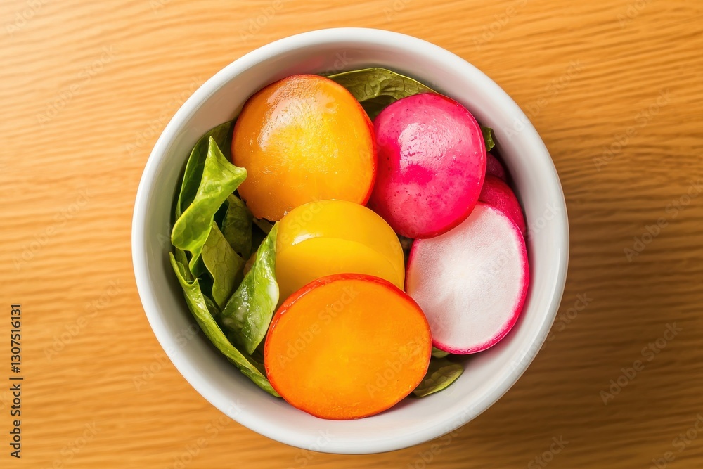 Fresh Colorful Salad Bowl with Radishes, Spinach, and Golden Beets on Wooden Tabletop Fresh Colorful Salad Bowl with Radishes, Spinach, and Golden Beets on Wooden Tabletop