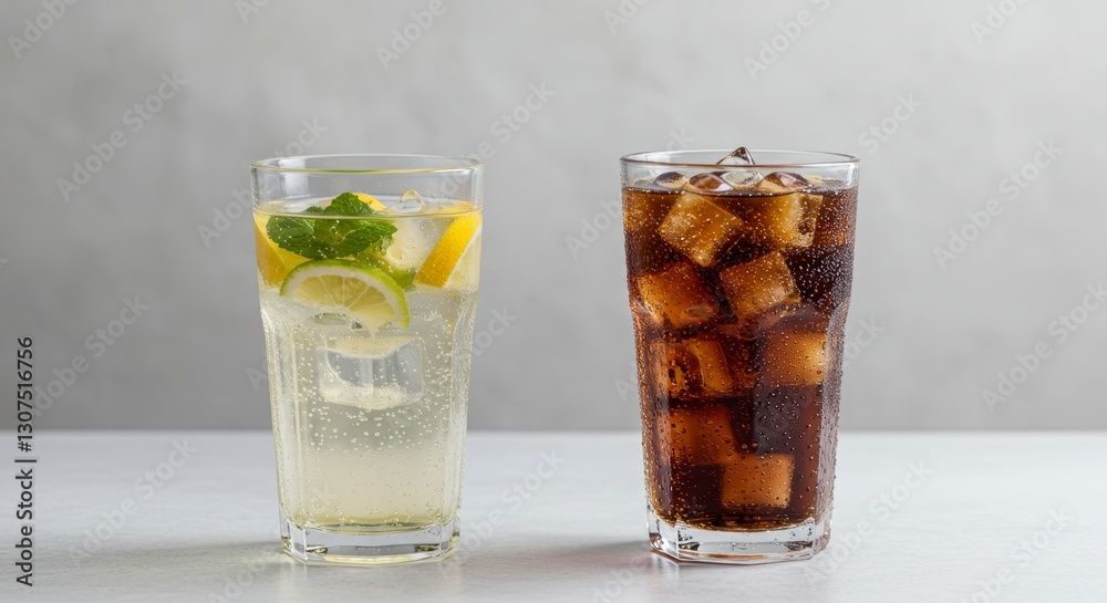 A setting where two drinks are displayed side by side—a homemade fruit-infused water and a sugar-filled soda with excessive ice cubes