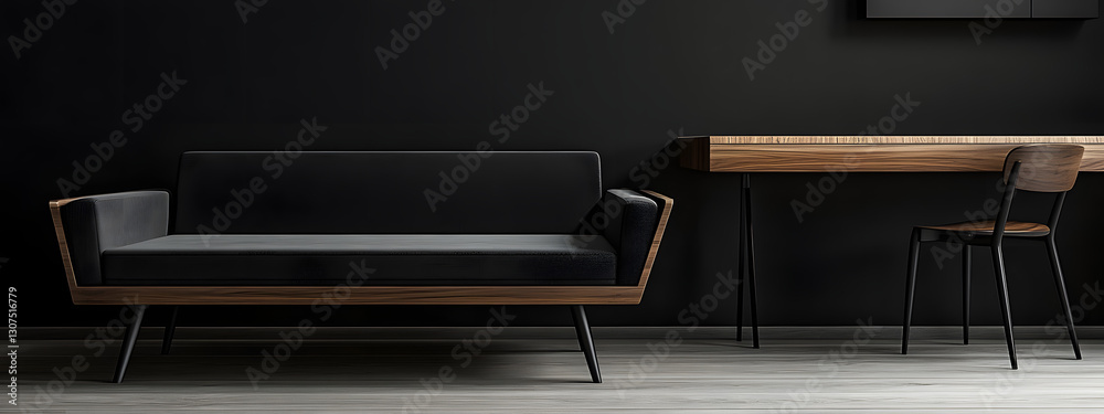 Fototapeta premium A modern, minimalist-style living room features a sofa and coffee table combination in a black and gray color scheme 