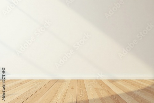 Sunlit Empty Room with Light Hardwood Floor and Blank Wall Ideal for Interior Design Mockups