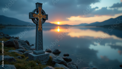 Ancient Christian cross by calm lake at sunset.