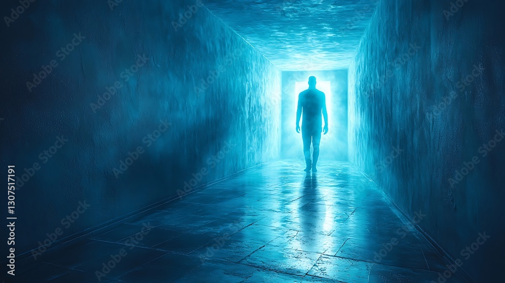 Figure Walking in Bright Blue Tunnel Towards Light at End Figure Walking in Bright Blue Tunnel Towards Light at End