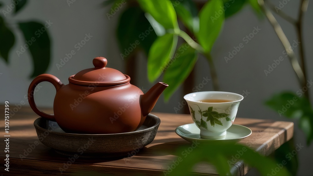 Clay teapot, teacup, plants, sunlight, wooden table, tea ceremony Clay teapot, teacup, plants, sunlight, wooden table, tea ceremony
