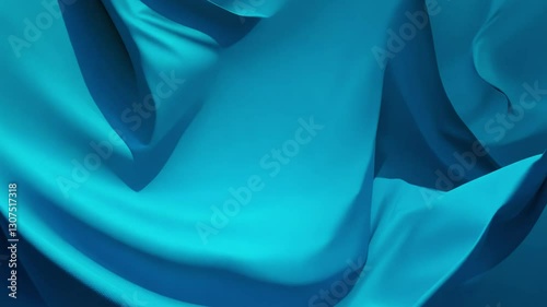 Tilt up video of a flowing, draped fabric in a 3d render, rising upwards against an abstract blue backdrop, ambient light with subtle blue and teal variations