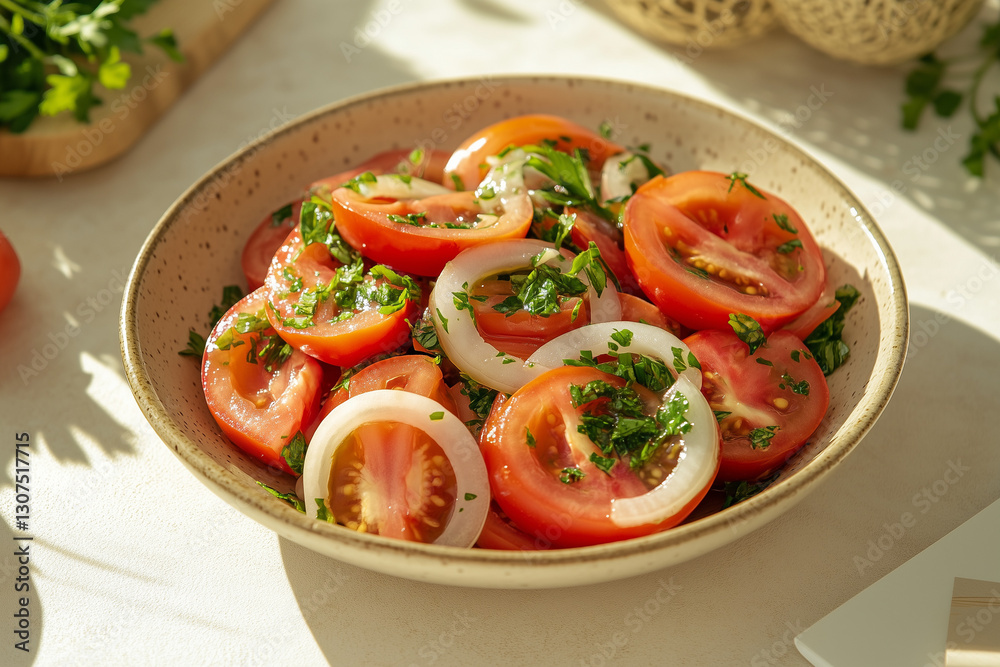 Fresh tomato salad preparation kitchen food photography bright atmosphere top view healthy eating concept Fresh tomato salad preparation kitchen food photography bright atmosphere top view healthy eating concept