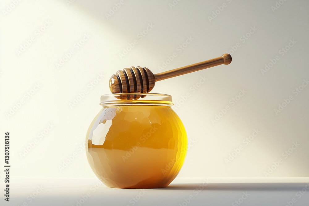 Clear honey jar with a wooden dipper resting on top in a well-lit setting Clear honey jar with a wooden dipper resting on top in a well-lit setting