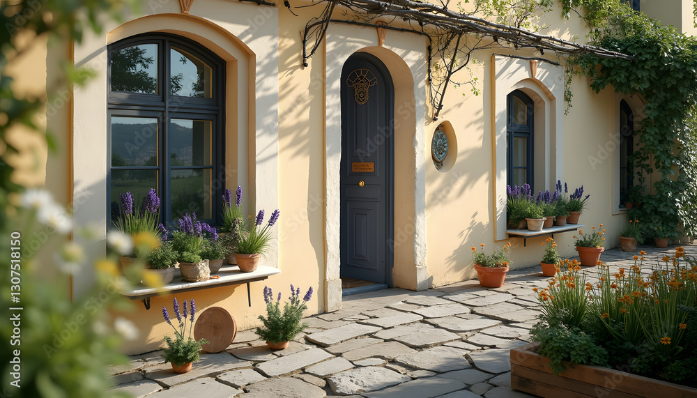 Naklejka premium “The classic facade of the house with windows decorated with ceramic pots of lavender and chrysanthemums, creating an atmosphere of coziness and tranquility.”
