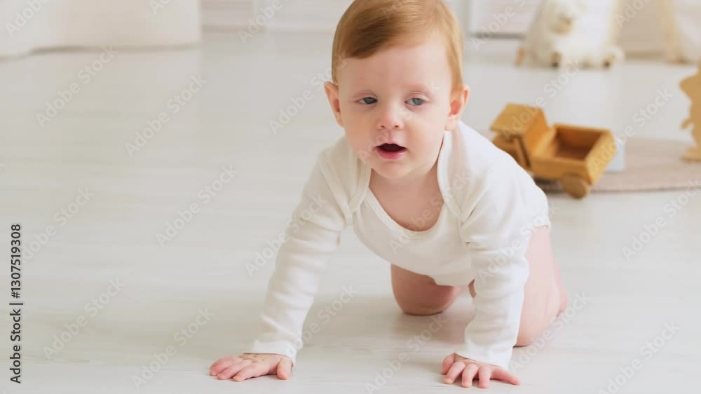 a small smiling child, a boy in a white bodysuit, crawls or learns to crawl on the floor of a house in a bright room with a wigwam, a six-month-old baby with blue eyes smiles or laughs a small smiling child, a boy in a white bodysuit, crawls or learns to crawl on the floor of a house in a bright room with a wigwam, a six-month-old baby with blue eyes smiles or laughs