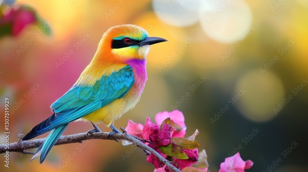 Fototapeta premium Colorful bird sitting on a branch with bright flowers; soft, blurred, and vibrant background
