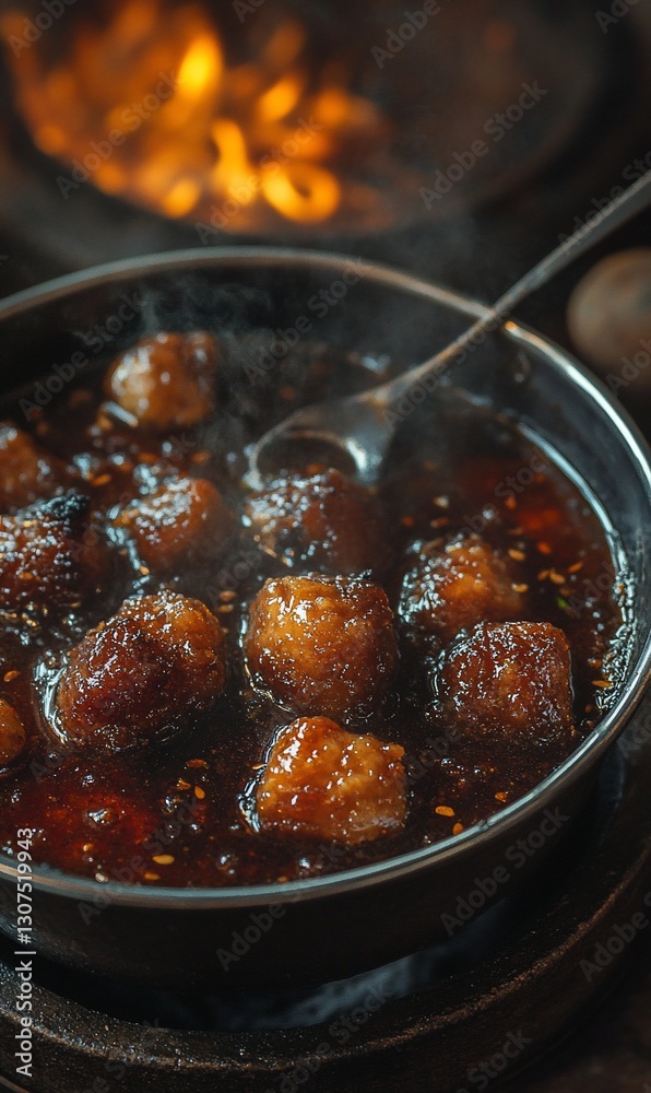 Steaming meatballs in savory sauce, close-up. Steaming meatballs in savory sauce, close-up.