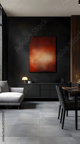 A modern, minimalist-style living room features a sofa and coffee table combination in a black and gray color scheme
