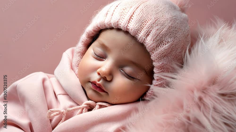 A charming calm baby in a pink cozy jacket and hat sleeps in the waves of a fluffy blanket. Baby sleep, baby fashion, a gentle image for Mother's Day. A charming calm baby in a pink cozy jacket and hat sleeps in the waves of a fluffy blanket. Baby sleep, baby fashion, a gentle image for Mother's Day.