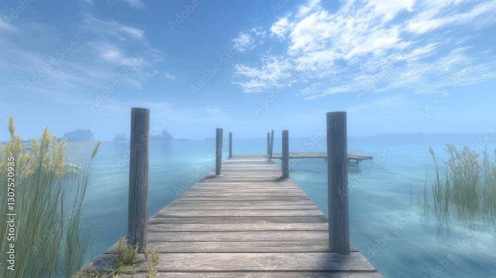 Misty Lakeside Wooden Dock Path to Horizon Misty Lakeside Wooden Dock Path to Horizon