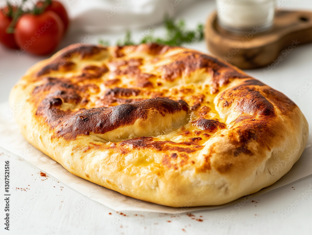 Cheese-filled flatbread with golden crust on white table. Cheese-filled flatbread with golden crust on white table.