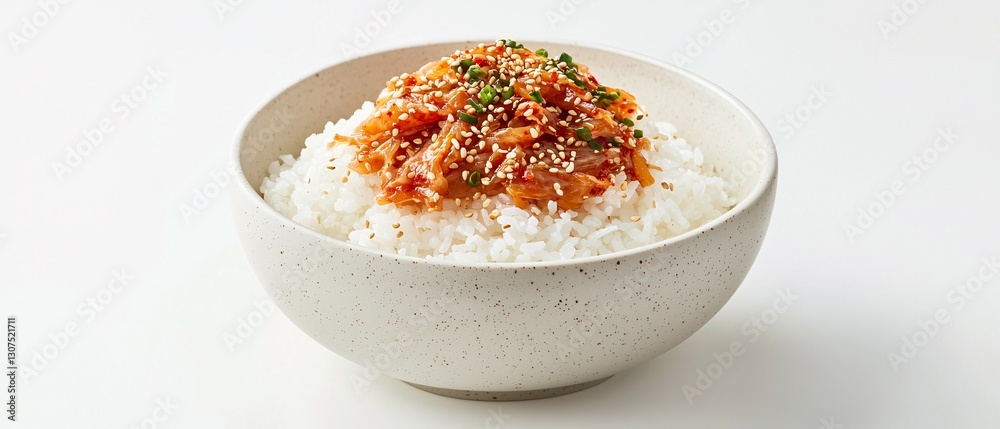 A bowl of white rice topped with spicy kimchi and garnish A bowl of white rice topped with spicy kimchi and garnish