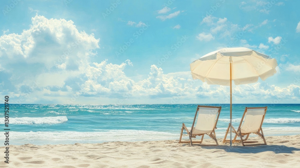 Beach chairs and umbrella, sunny day, ocean view, relaxing scene Beach chairs and umbrella, sunny day, ocean view, relaxing scene