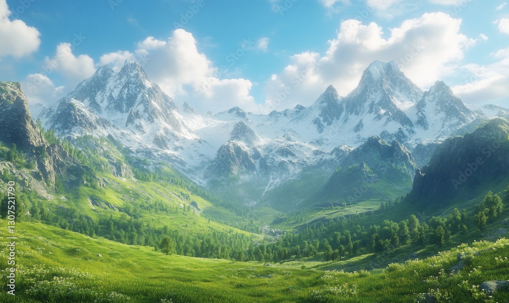 Sunlit alpine valley with snow-capped peaks Sunlit alpine valley with snow-capped peaks