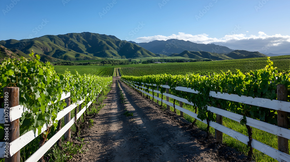 Fototapeta premium Sunlit Vineyard Rows with White Fence and Distant Hills