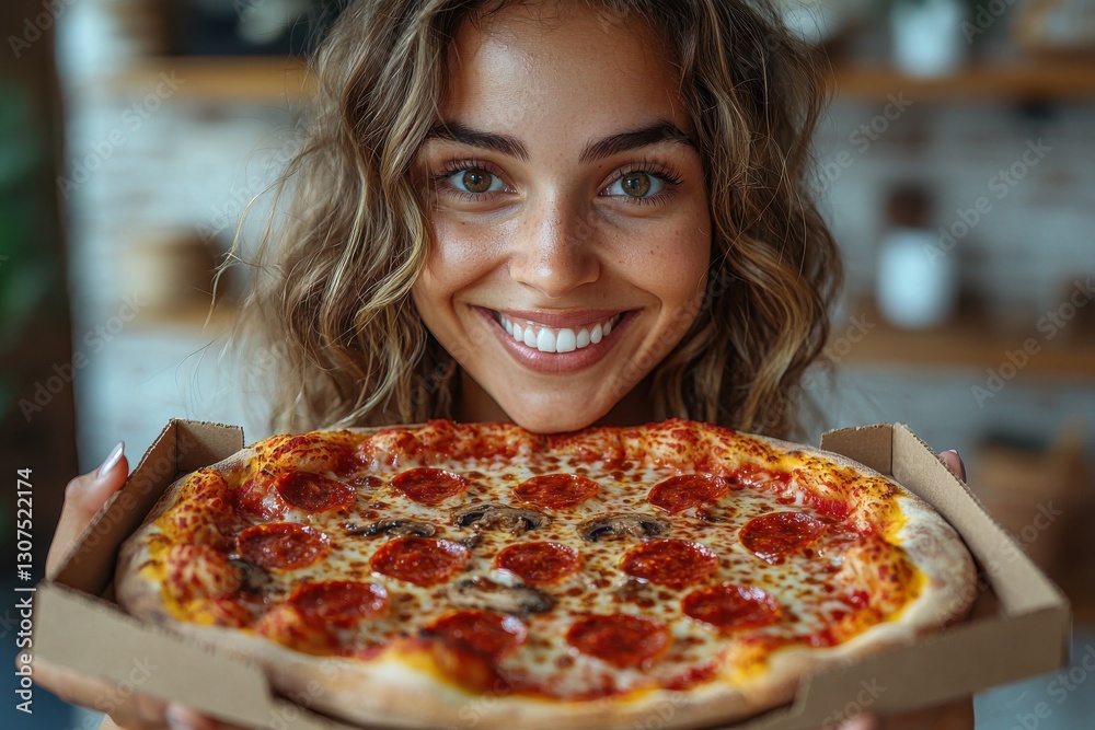 Smiling Woman Joyfully Holding a Freshly Made Pepperoni Pizza in a Box Smiling Woman Joyfully Holding a Freshly Made Pepperoni Pizza in a Box