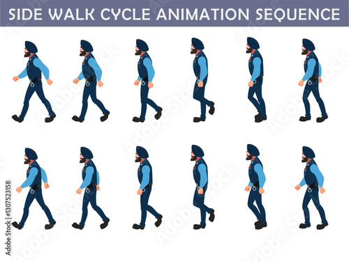 Police walk cycle animation sequence, Frame by frame animation of police officer walk.