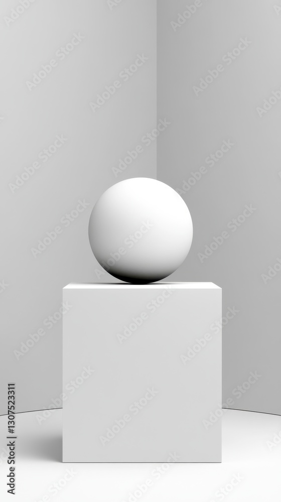 White sphere rests on a white cube against a plain white background. Minimalist 3D render. White sphere rests on a white cube against a plain white background. Minimalist 3D render.