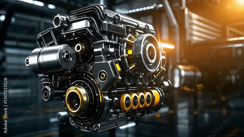 Fototapeta premium Powerful engine wallpaper background in HDR quality with detailed mechanical components. High tech, industrial design perfect for automotive, machinery, and engineering themes