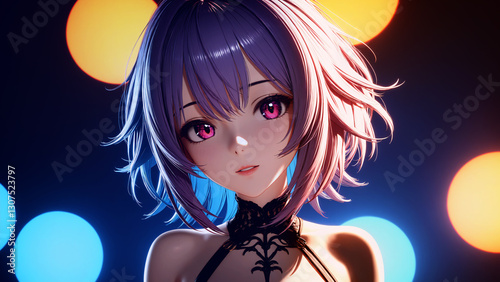 short blue haired girl anime illustration dramatic lighting