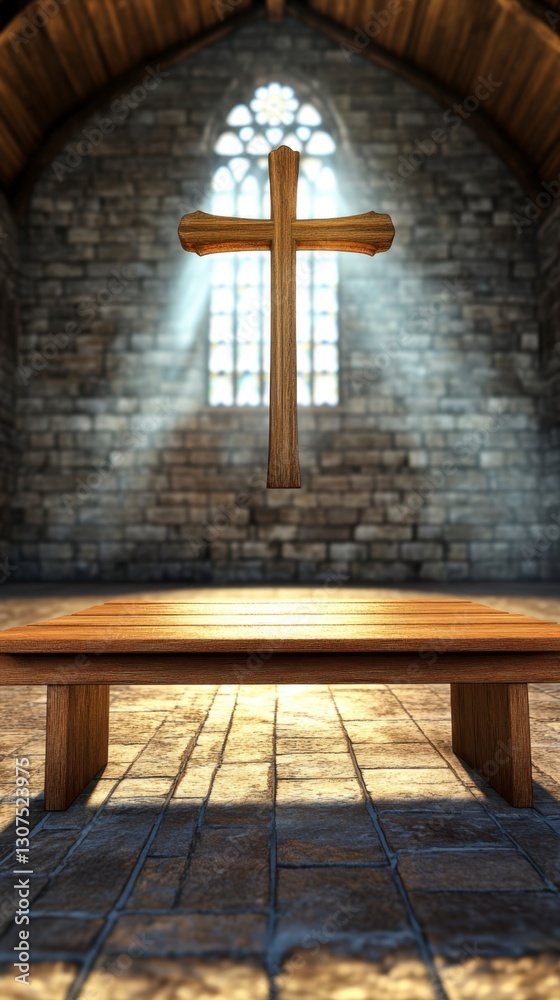 Naklejka premium Wooden cross in stone church, light beams, simple wooden bench in front. Tranquil, spiritual atmosphere. High contrast lighting. Medieval architecture.