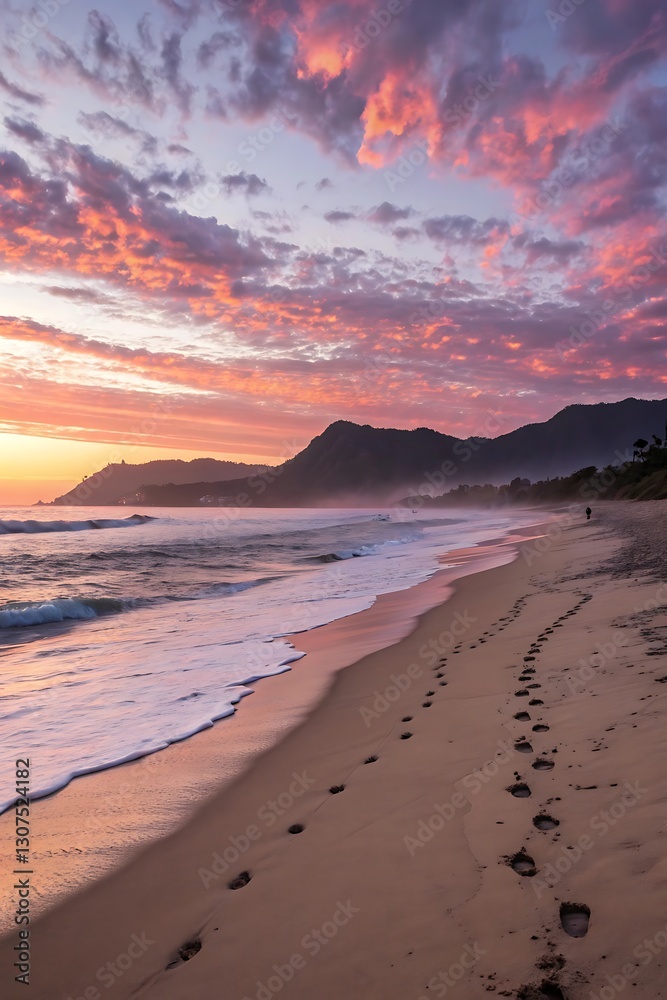 Serene Beach Sunset Tranquil Ocean Waves, Colorful Sky & Mountain Serene Beach Sunset Tranquil Ocean Waves, Colorful Sky & Mountain