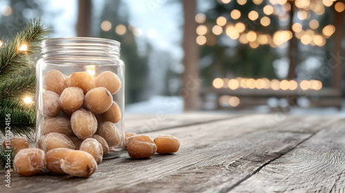 Cozy winter scene sugared plums in a jar on a rustic wooden table, snowy forest and fairy lights in background, perfect for holiday cards or seasonal blogs