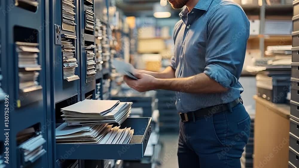 Man Organizing Documents in Archive Man Organizing Documents in Archive
