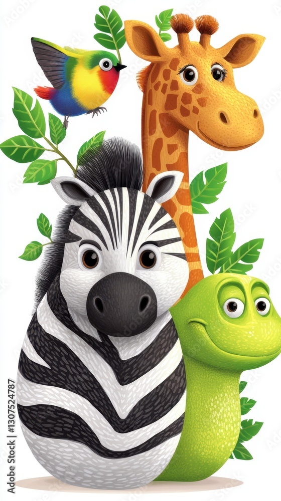 Naklejka premium Friendly cartoon zebra, giraffe, and lizard surrounded by lush green leaves and a colorful bird. Whimsical illustration, perfect for children's books or educational materials.