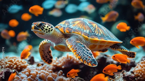 Colorful sea turtle swims among coral reefs and fish photo