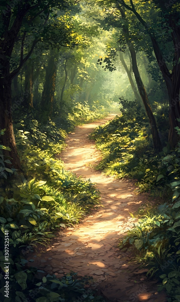 Obraz premium Sunlit path winds through lush green forest (1)