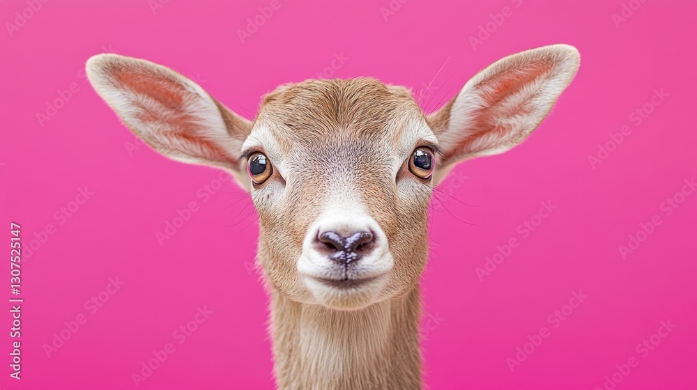 Obraz premium Close up portrait of a young deer against a vibrant pink background. The deer has large ears, soft brown fur, and a curious expression. The image is brightly lit, creating a cheerful and playful mood.