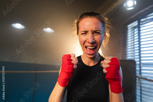 Outcry independent girl power. Angry strong crazy woman fighter screaming looking aggressive on boxing ring. Powerful ambitious victorious confident successful girl champion emotional energetic photo