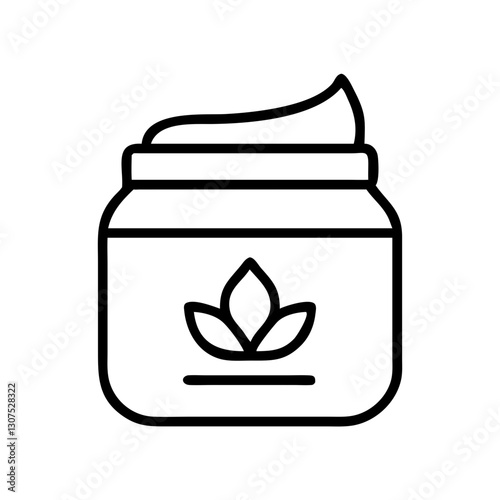 Skincare cream icon in jar with leaf symbol, black outline, modern design