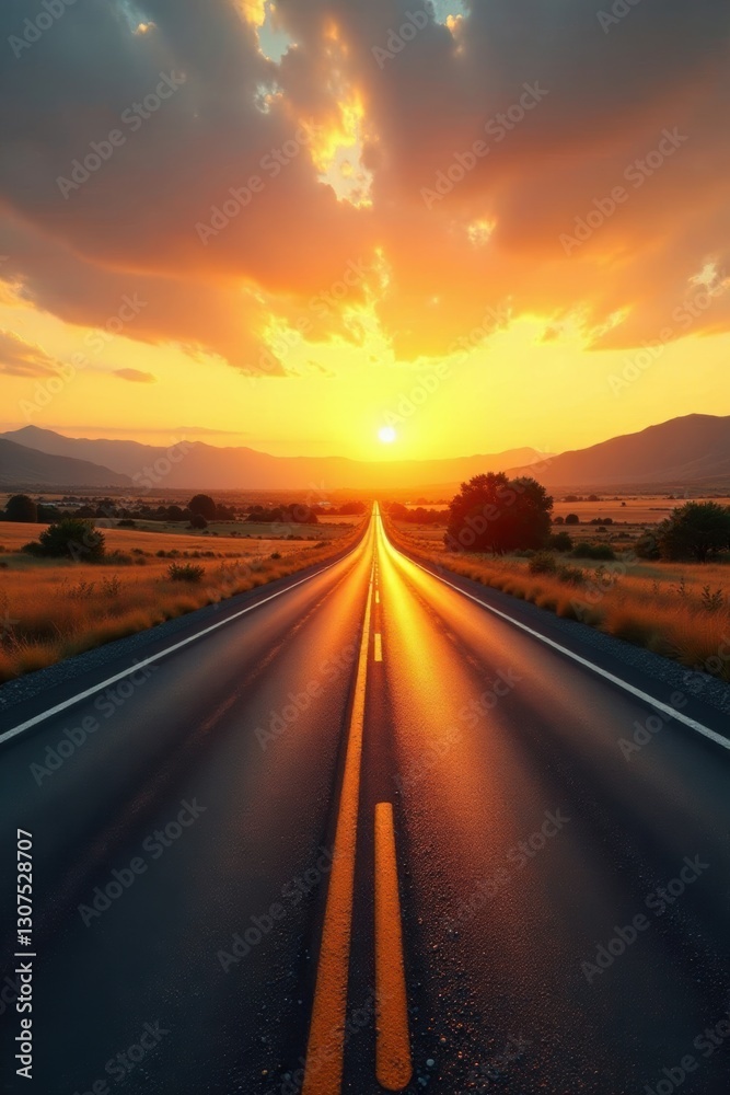 Fototapeta premium Golden hour illuminates a deserted asphalt highway cutting through a picturesque rural landscape , beautiful, peaceful, image