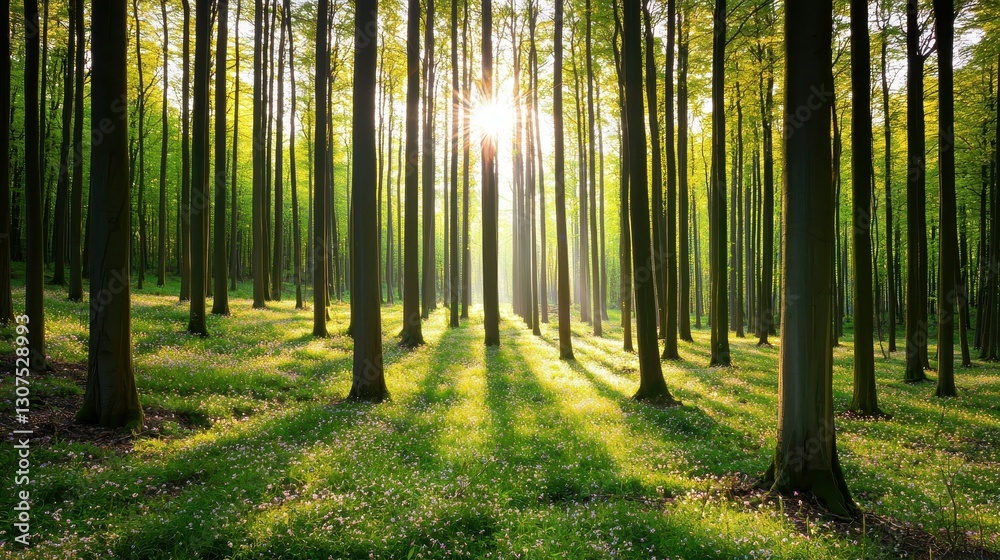 Obraz premium A serene forest scene with tall trees, sunlight filtering through leaves, and green grass, creating a tranquil atmosphere.