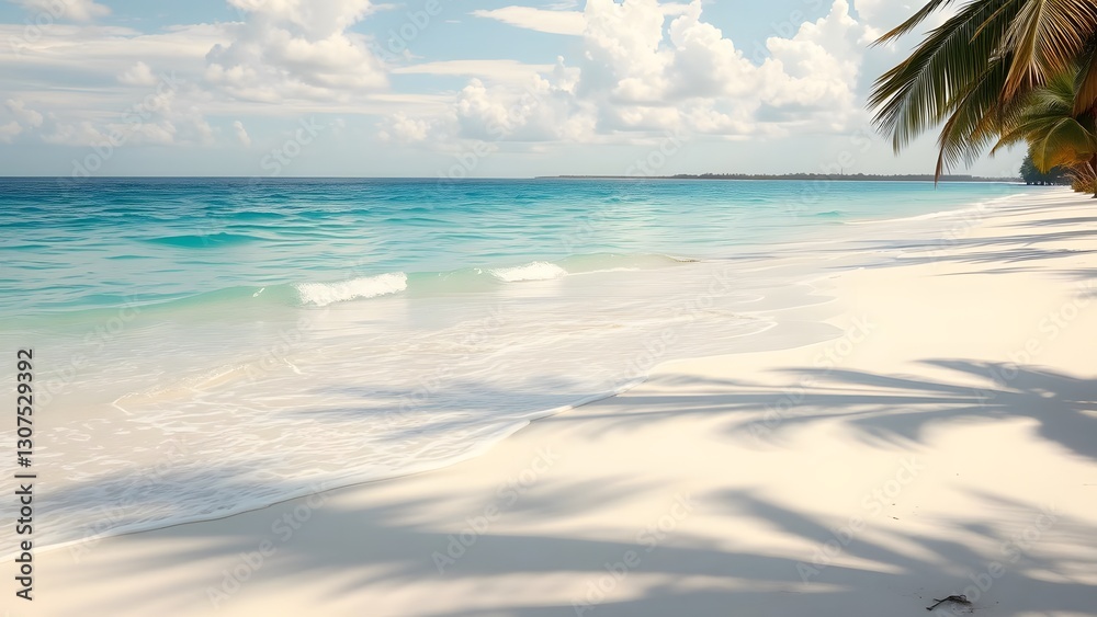 Fototapeta premium Serene tropical beach with soft sand, clear water, and palm trees under a sunny sky, perfect for relaxation and vacation. 